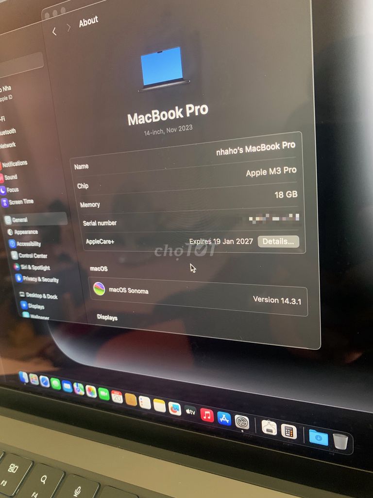 Macbook Pro M3 14 inch Open Box AppleCare+ 2027