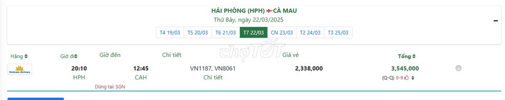 HẢI PHÒNG (HPH) CÀ MAU Thứ Bảy, ngày 22/03/2025