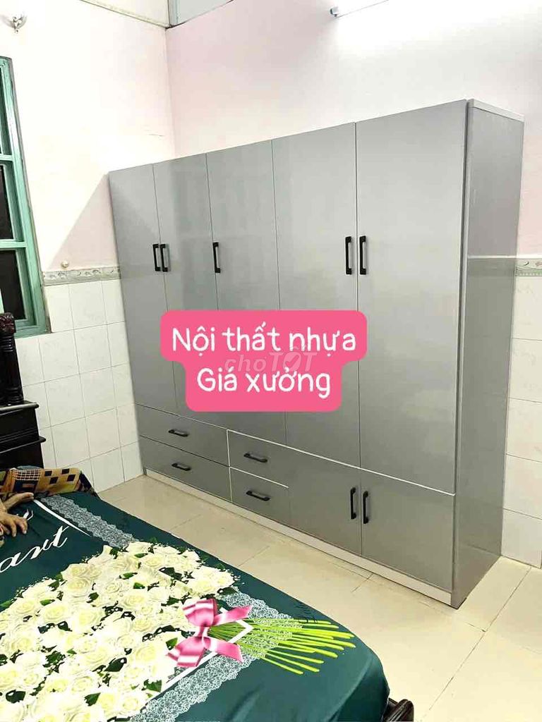 Tủ $> 5 cánh full xám $> nhựa ĐL $> kt 200cm