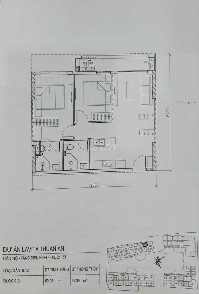 Bán chung cư Lavita Thuận An,tầng 12 lô B,dt 69m2 gồm 2PN,2WC