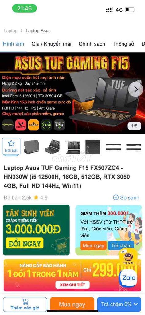 Asus TUF Gaming F15 i5-12500H 15.6 inch 16GB/512GB. Mua bán Laptop tại Thành phố Thủ Đức Tp Hồ Chí Minh được đăng bởi Bảo Lý Gia hình 1