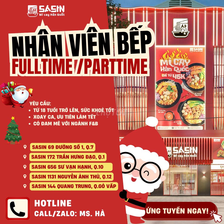 [HCM] SASIN TUYỂN DỤNG NHÂN VIÊN BẾP/ PHỤC VỤ