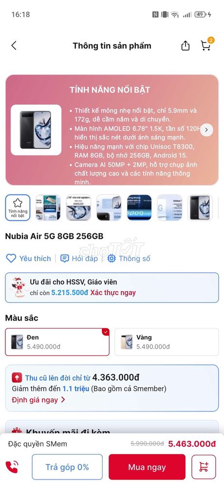 Nubia Air 5G 256GB Đen. Mua bán Điện thoại tại Thành phố Tân An Long An được đăng bởi Lương Hồng Vĩnh hình 1