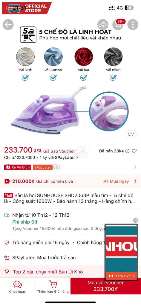 Bàn ủi hơi nước SUNHOUSE SHD2063P. Mua bán Nội thất, đồ gia dụng khác tại Thành phố Thủ Đức Tp Hồ Chí Minh được đăng bởi Vân Anh hình 1