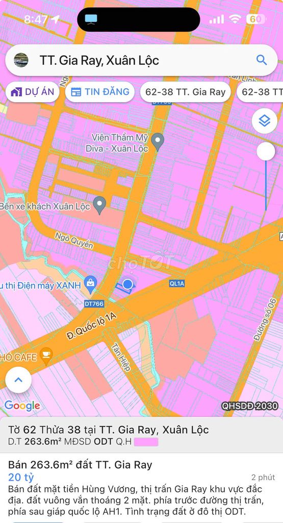 nhà đất 263m2 thổ cư, mặt tiền đường Hùng Vương