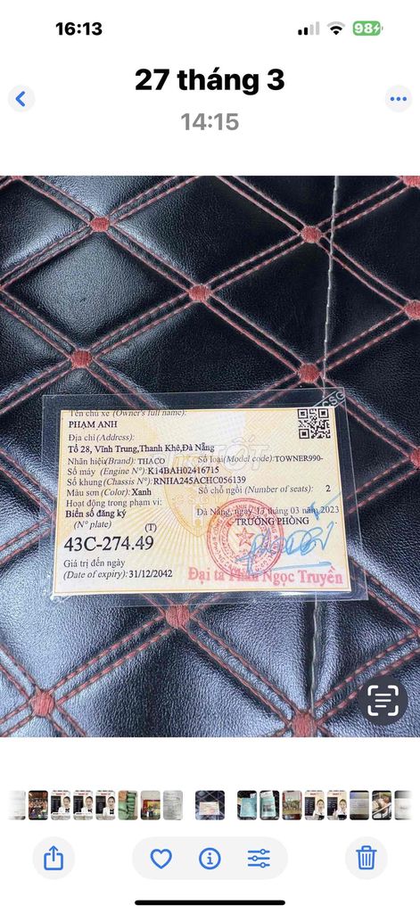 Xe tải 990kg Thaco 2017, chạy 161.000km giá 115 tr. Mua bán Xe tải, xe ben tại Quận Thanh Khê Đà Nẵng được đăng bởi Phạm anh hình 4