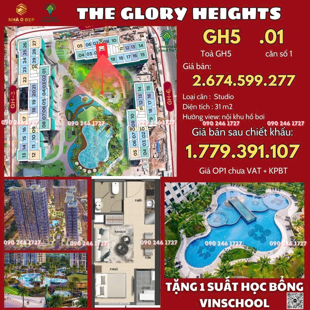 BÁN CĂN HỘ STUDIO VIEW TRỰC DIỆN HỒ BƠI THE GLORY HEIGHTS VHGP Q9