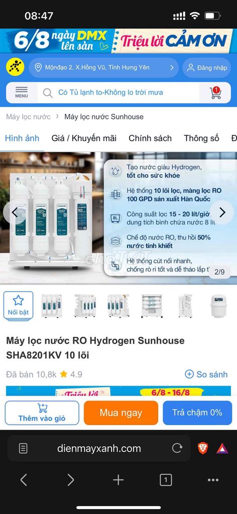 Máy lọc nước Sunhouse SHA8201KV 8 lít 10 lõi. Mua bán Nội thất, đồ gia dụng khác tại Huyện Đông Hưng Thái Bình được đăng bởi Thanh Tùng hình 1