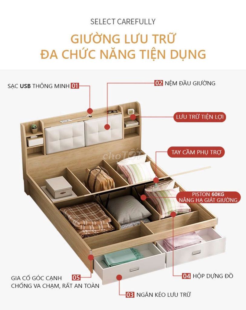 Giường Gỗ MDF Đệm Da Êm Ái Tặng Kèm Kệ Đầu Giường