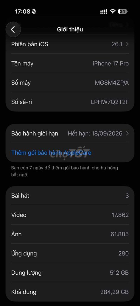 iPhone 17 pro 512 BH chính hãng TGDD pin 100%. Mua bán Điện thoại tại Thành phố Thủ Đức Tp Hồ Chí Minh được đăng bởi Tuấn Anh hình 3