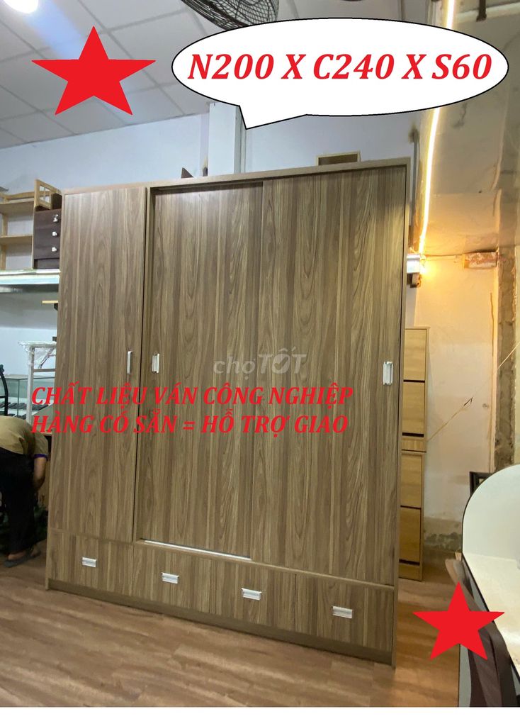 TỦ QUẦN ÁO 200CM X 240CM MÀU NÂU GỖ CÓ SẴN KHO. Mua bán Tủ, kệ gia đình tại Quận Tân Phú Tp Hồ Chí Minh được đăng bởi Nội Thất Tủ Kệ Trưng Bày hình 1