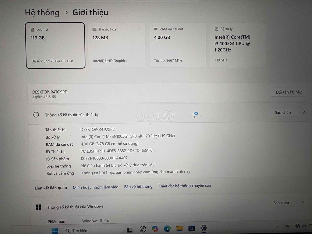 Acer Aspire 5 i3 4GB/119GB Windows 11 Pro. Mua bán Laptop tại Thành phố Quảng Ngãi Quảng Ngãi được đăng bởi Phạm Ngọc Tùng hình 1