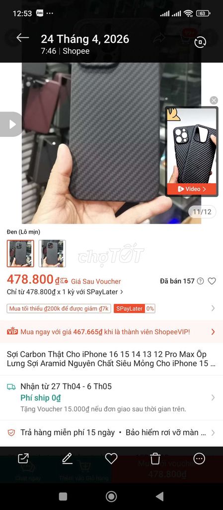 Ốp lưng Carbon Aramid Đen iPhone . Mua bán Phụ kiện (Màn hình, Chuột...) tại Huyện Quảng Điền Thừa Thiên Huế được đăng bởi hàng boom lazada hình 1