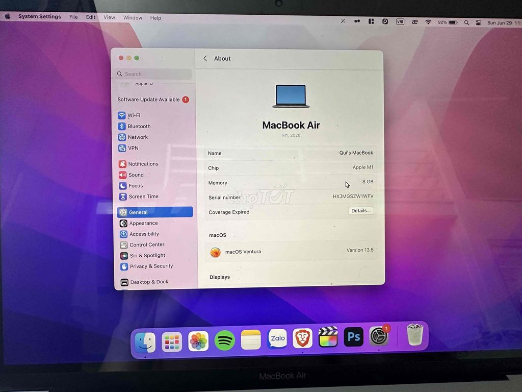 Macbook Air M1 zin nguyên bản, pin 97%