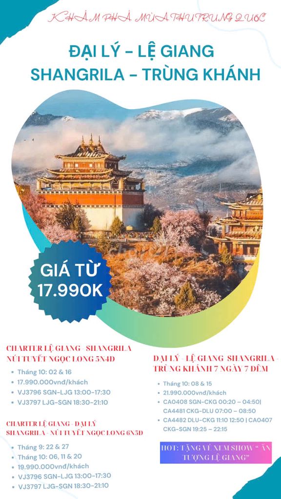 TOUR ĐẠI LÝ -LỆ GIANG -SHANGRILA -TRÙNG KHÁNH 7N7Đ