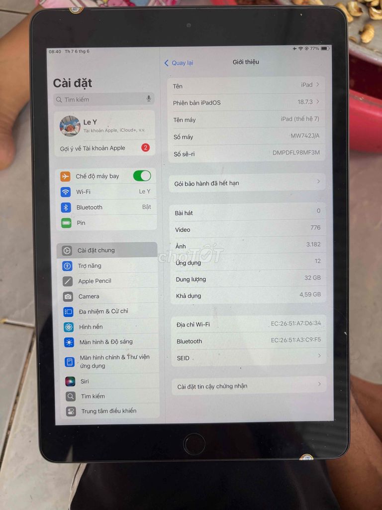 Apple iPad (thế hệ 7) 32GB wifi Xám 99%. Mua bán Máy tính bảng tại Huyện Cái Bè Tiền Giang được đăng bởi Nê hình 1