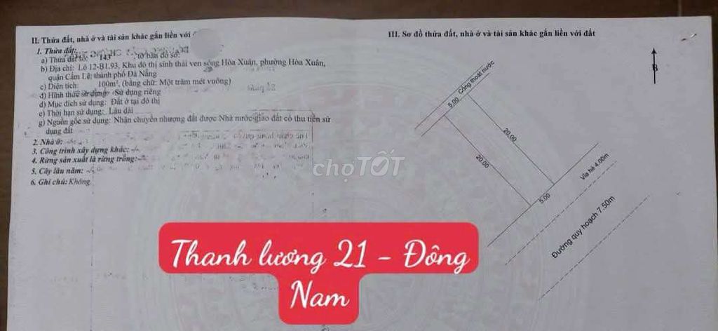 Bán lô đường 7,5m Thanh Lương 21, khu đô thị Hòa Xuân, gần cầu Hòa Xuâ