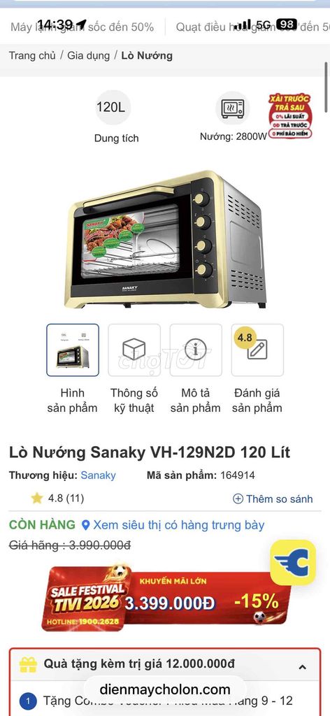 Lò nướng Sanaky VH-129N2D 120L. Mua bán Bếp, lò, đồ điện nhà bếp tại Quận 8 Tp Hồ Chí Minh được đăng bởi Hằng Nguyễn hình 1