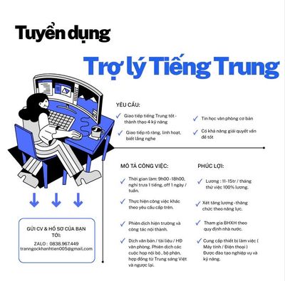 Tuyển Trợ lý Tiếng Trung - Ko y/c kinh nghiệm