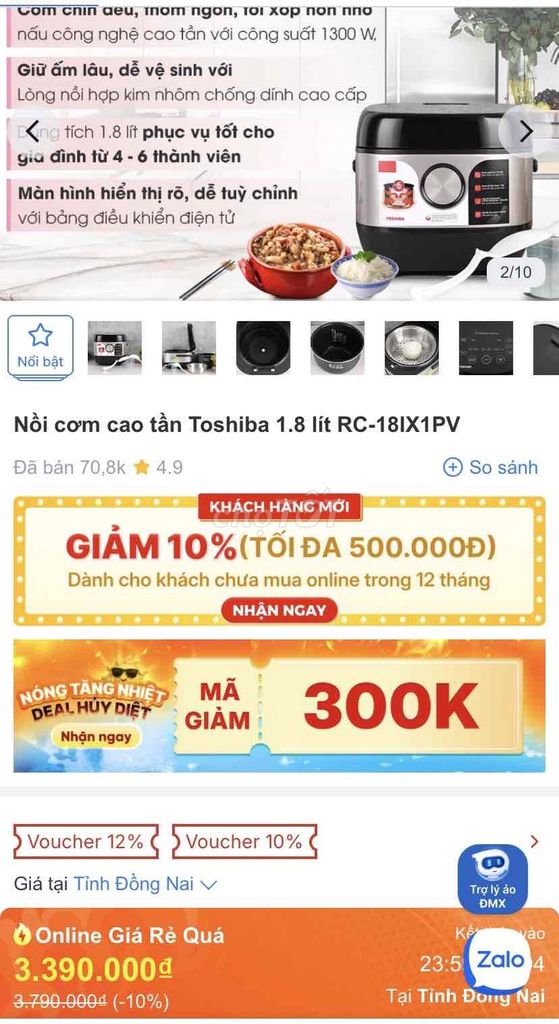 Nồi cơm điện Toshiba RC-18IX1PV 99%. Mua bán Bếp, lò, đồ điện nhà bếp tại Thành phố Biên Hòa Đồng Nai được đăng bởi Hàng Gia Dụng Giá Tốt hình 1