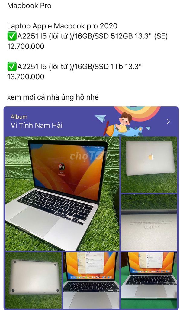 Apple Macbook Pro A2251 i5 13.3 inch 16GB/512GB. Mua bán Laptop tại Quận 3 Tp Hồ Chí Minh được đăng bởi My House hình 1