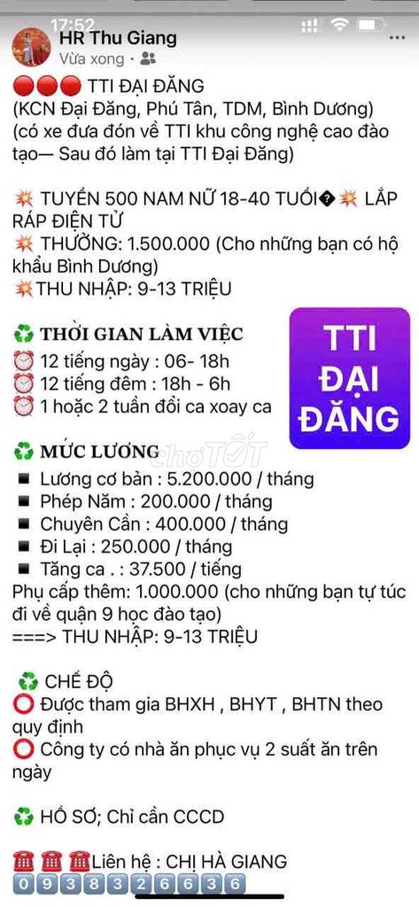 🔴🔴🔴 TTI ĐẠI ĐĂNG: TUYỂN NAM NỮ SX ĐIỆN TỬ