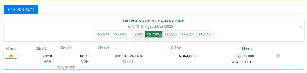 HẢI PHÒNG (HPH) QUẢNG BÌNH Chủ Nhật, ngày 23/03/20