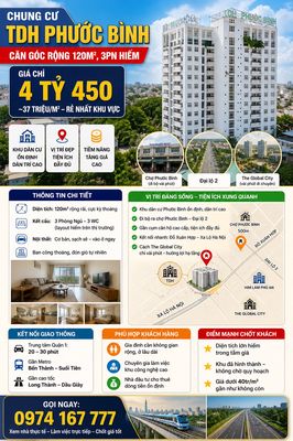 🏢 **CHUNG CƯ TDH PHƯỚC BÌNH – 120M², 3PN, GIÁ CHỈ 4 TỶ 450**