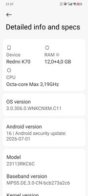Xiaomi Redmi K70 12GB Android 16