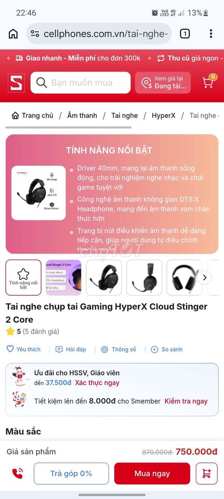 Tai nghe HyperX Cloud Stinger 2 Core Đen. Mua bán Tivi, Âm thanh tại Thành phố Thủ Dầu Một Bình Dương được đăng bởi Lê Đại Lượng hình 1