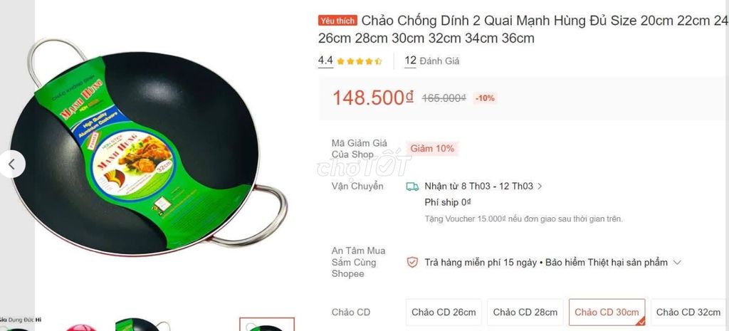 Chảo chống dính Mạnh Hùng Nhôm Đen 30cm. Mua bán Dụng cụ nhà bếp tại Thành phố Vĩnh Long Vĩnh Long được đăng bởi Nguyên Bảo hình 1