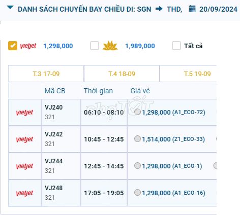 Tân Sơn Nhất (SGN) - Thọ Xuân (THD) 20/09/2024