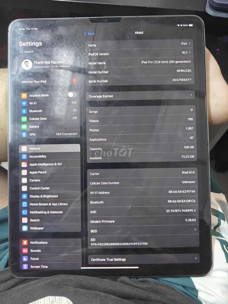 iPad Pro 12.9 (2021 - M1) 128GB 4GWIFI Body 91%