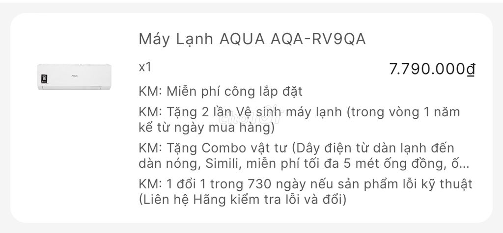 Bán máy lạnh Aqua còn bảo hành, tặng 10m ống đồng