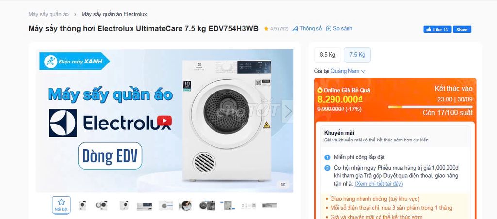 Máy sấy thông hơi electrolux 7.5kg trưng bày bh24t