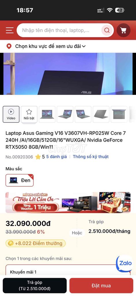 ASUS Gaming V16 i7-240H/16GB/𝐑𝐓𝐗 𝟓𝟎𝟓𝟎/NEW. Mua bán Laptop tại Quận Thanh Khê Đà Nẵng được đăng bởi Laptop Vui hình 1