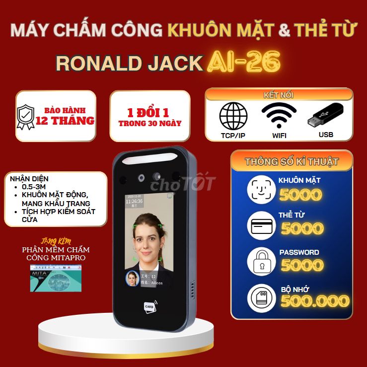 Máy chấm công khuôn mặt & thẻ Ronald Jack AI-26