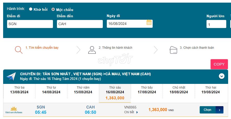 Tân Sơn Nhất (SGN) - Cà Mau (CAH) 16/08/2024