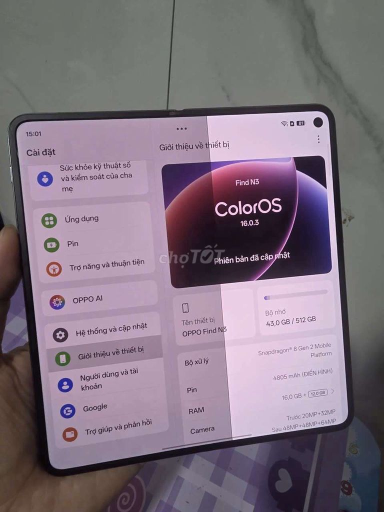 Oppo Find N3 Fold VN 16G/512G. Màn trong lỗi nhẹ. Mua bán Điện thoại tại Quận 12 Tp Hồ Chí Minh được đăng bởi Cầm Đồ Thanh Lý hình 1