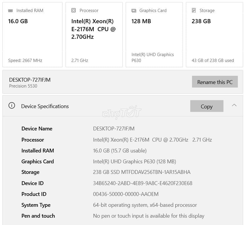 Dell 5530 Xeon E-2176M 15.6 inch 16GB/238GB. Mua bán Laptop tại Thành phố Bến Tre Bến Tre được đăng bởi Sea Ngo hình 1