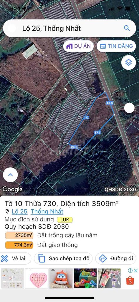 đất 8,707m2 CLN, xã Lộ 25, mặt tiền đường nhựa thông, giá tốt đầu tư