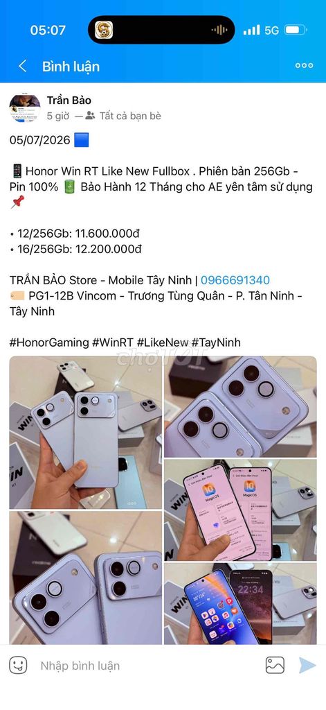 Honor Win RT 256Gb Like New Fullbox - Bán Trả Góp. Mua bán Điện thoại tại Thành phố Tây Ninh Tây Ninh được đăng bởi Trần Bảo Store Mobile Tây Ninh hình 1
