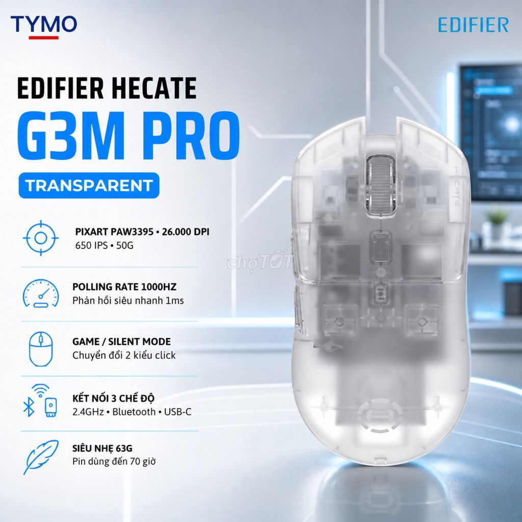 Chuột không dây EDIFIER Hecate G3M Pro Transparent. Mua bán Phụ kiện (Màn hình, Chuột...) tại Quận Phú Nhuận Tp Hồ Chí Minh được đăng bởi TYMO Việt Nam hình 1