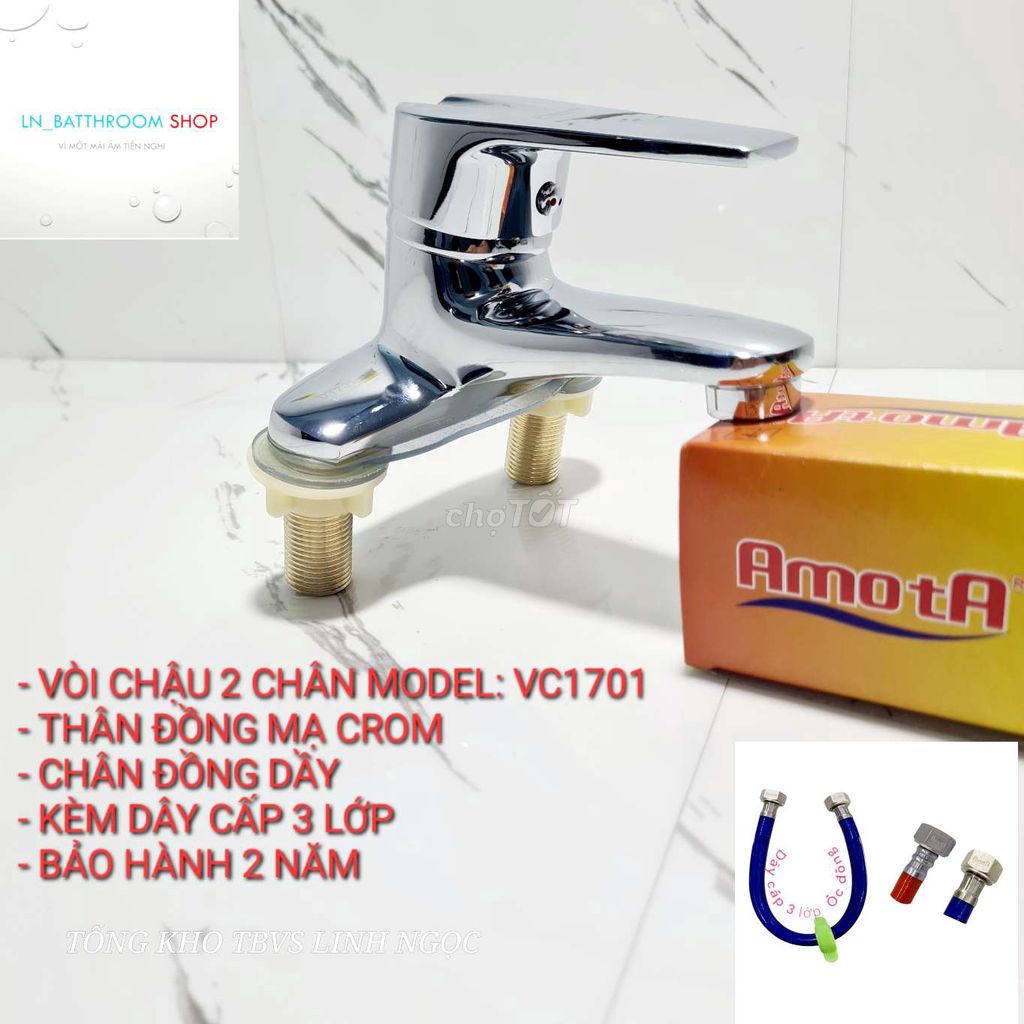 Vc1701 vòi chậu 2 chân size nhỡ, thân Đồng đúc