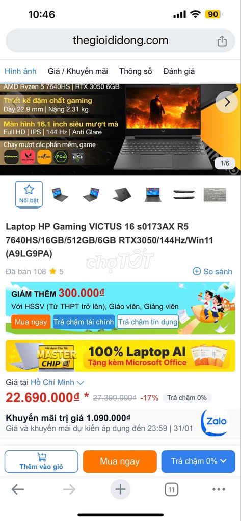 Hp victus 3050 6G chiến game đồ hoạ bảo hành dài