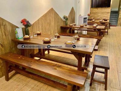 Bàn ghế quán ăn, bàn ghế gỗ thông 1,2m + 2 băng