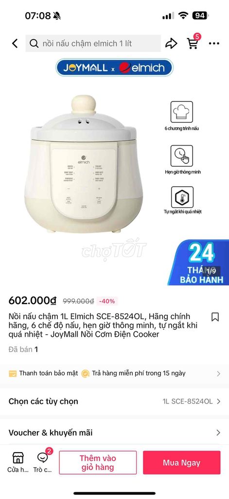 Nỗi nấu chậm 1L Elmich SCE-85240L