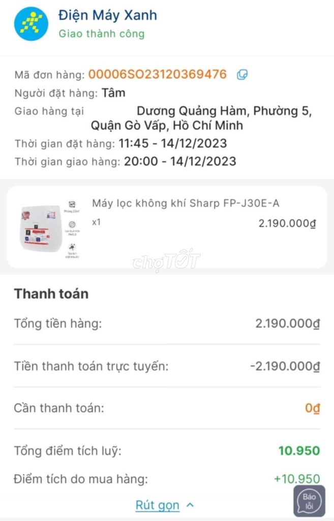 [Gò Vấp] Máy lọc không khí Sharp (phòng 23m2)#500K