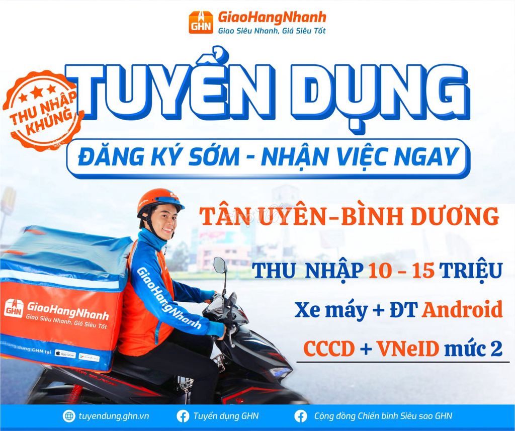 TÂN UYÊN TUYỂN SHIPPER LƯƠNG 10-15R/THÁNG