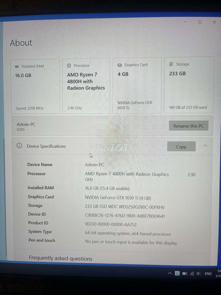 Lenovo Legion AMD Ryzen 7 16GB/233GB. Mua bán Laptop tại Quận Sơn Trà Đà Nẵng được đăng bởi huy hình 1